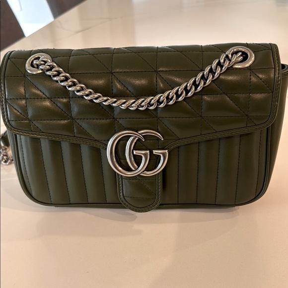 Green Gucci Marmont Matelasse Aria Small GG Marmont Shoulder Bag Military Wood - Picture 1 of 10